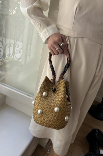 Fashionable Straw Pearl Embellished Bucket Bag
