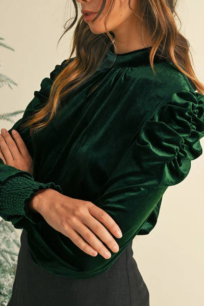 Green Keyhole Neck Puff Sleeve Velvet Blouse