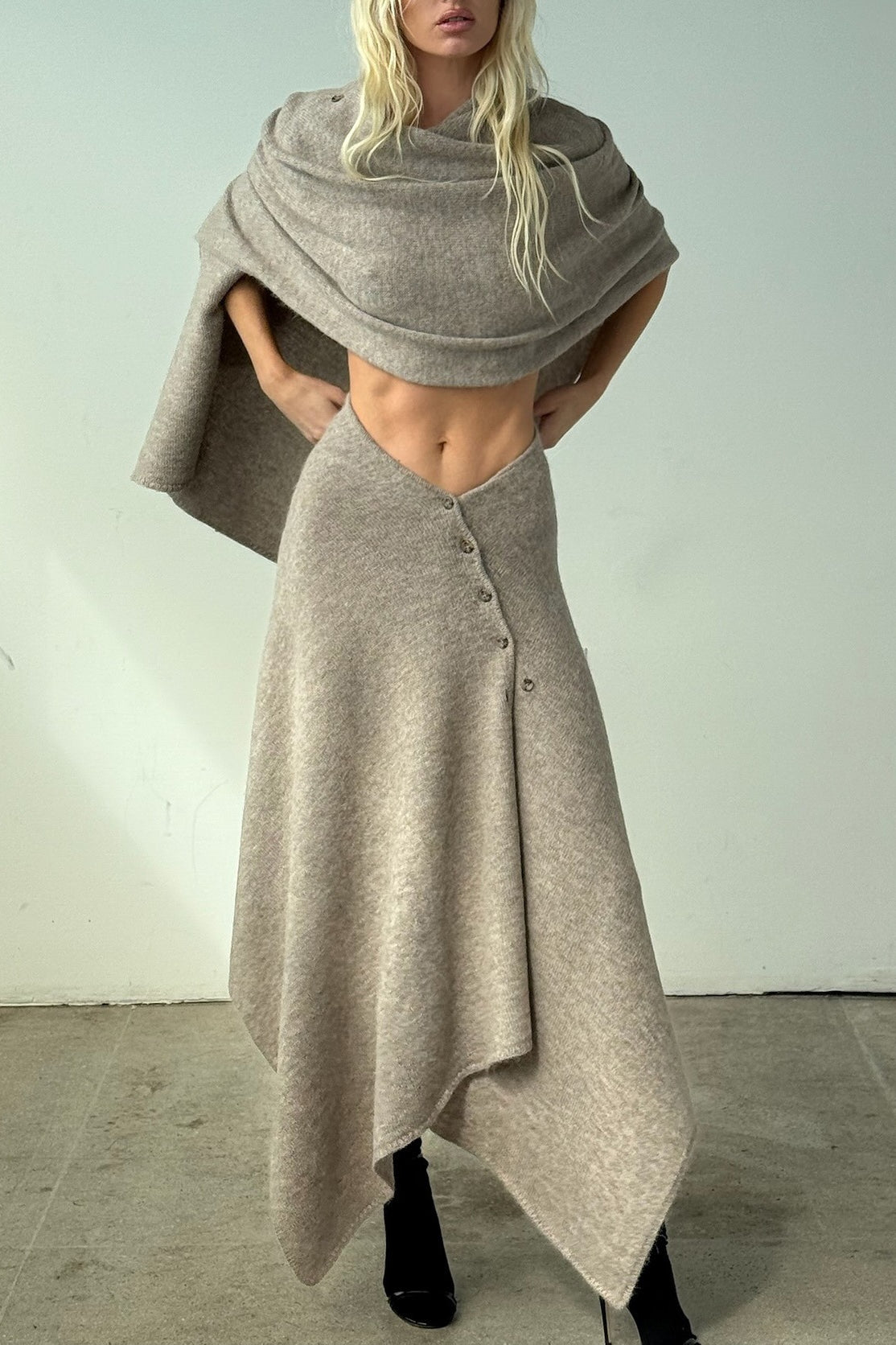 Asymmetric Ribbed Knit Crop Top Matching Skirt Set