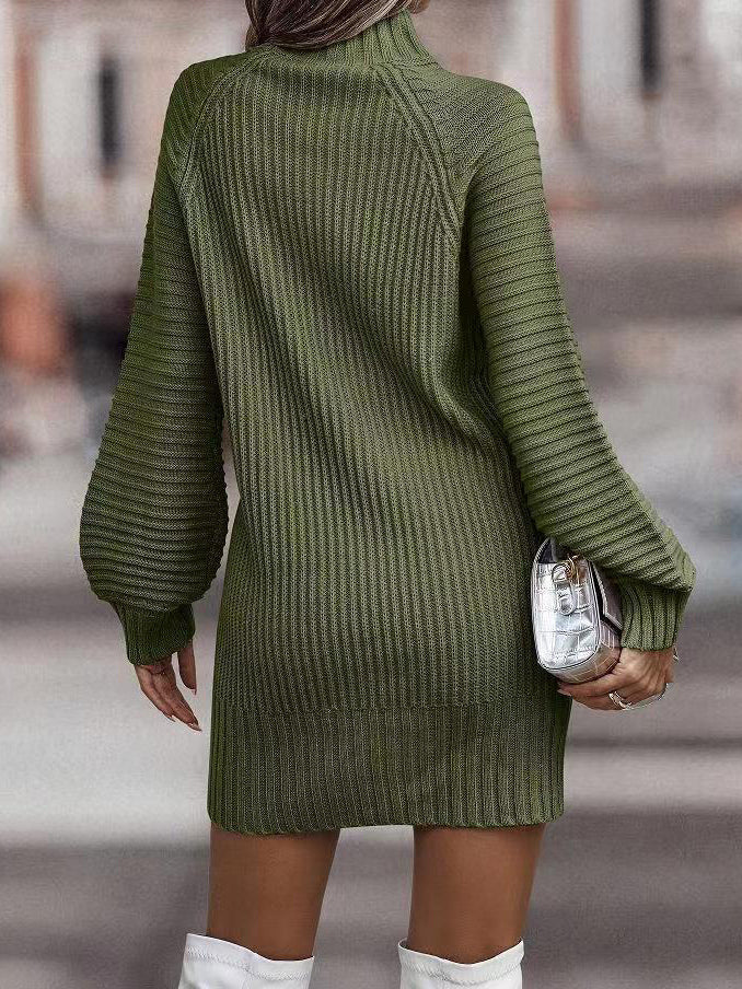 Knitted Dress Long Sleeves High Collar Elegant Mini Dress