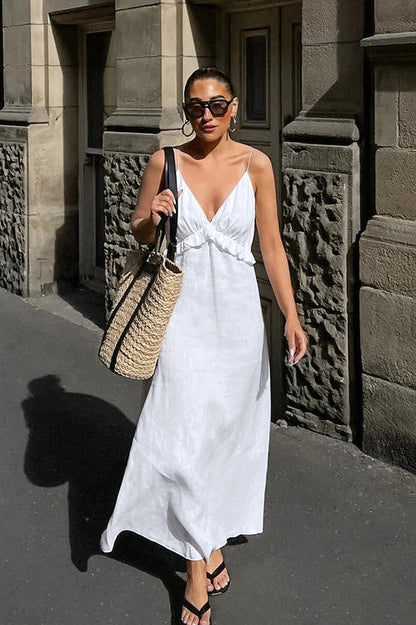 Sexy White Cotton Linen V-Neck Ruffle Loose Maxi Dress