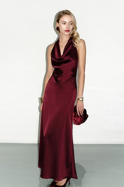 Sexy Red Satin Halter Cowl Neck Backless Bodycon Cocktail Dress