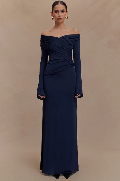Off Shoulder Ruched Wrap Long Sleeve Column Maxi Dress