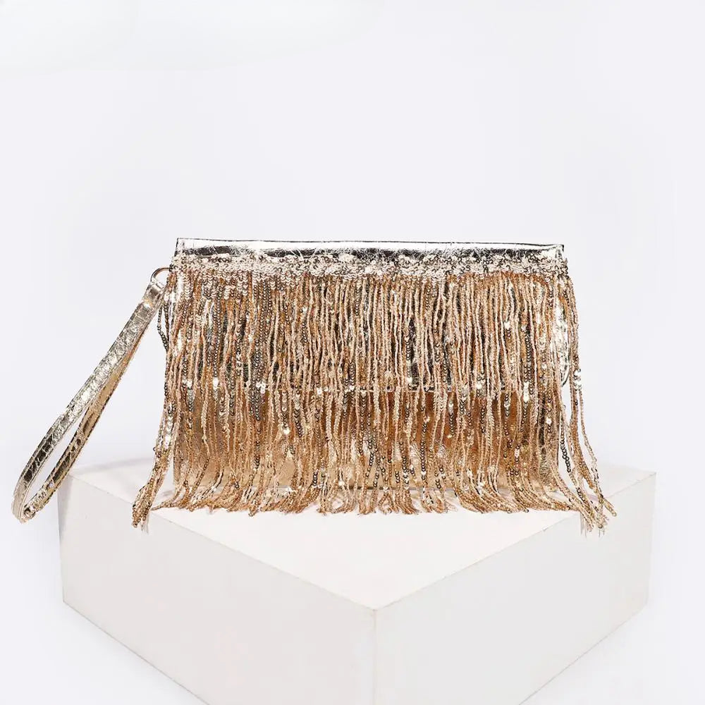 Silver Sequin Rhinestone Evening Clutch Wristlet