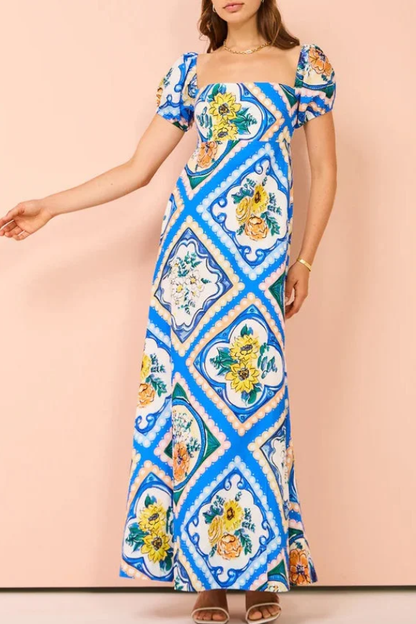 Art Blue Square Collar Print Linen Long Dresses Summer