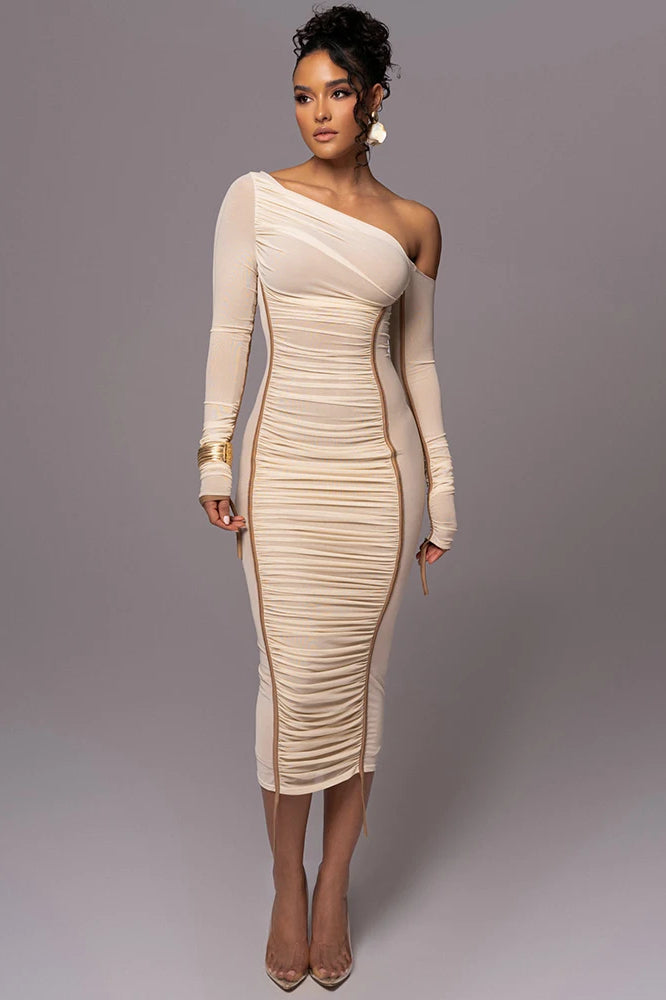 Asymmetric One-Shoulder Mesh Ruched Piping Drawstring Midi Dress