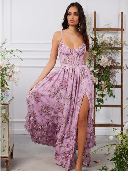 Floral Layered Ruffles Maxi Party Dress High Slit Strap Dress 2026