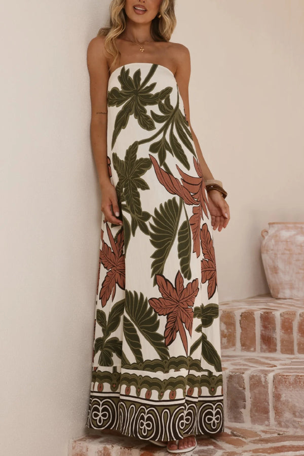 Botanical Print Sleeveless Off-shoulder Resort-style Loose Maxi Dress