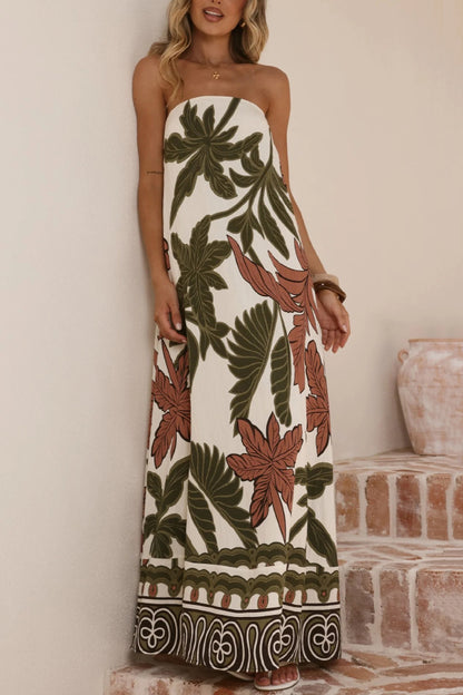Botanical Print Sleeveless Off-shoulder Resort-style Loose Maxi Dress