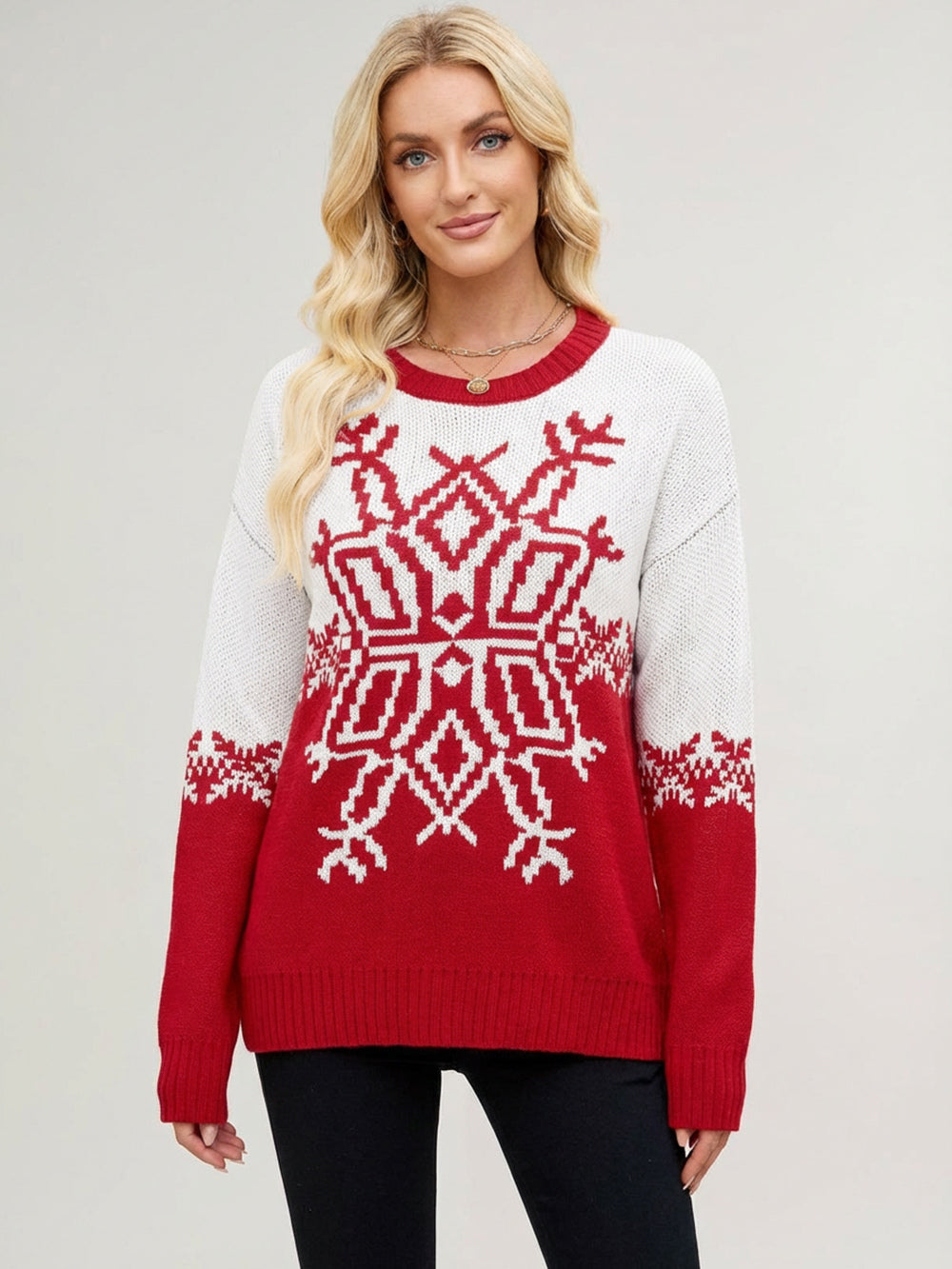 Snowflake Print Christmas Sweater Red White Knit Pullover For Women 2026