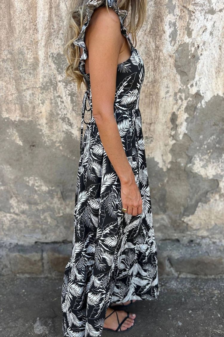 Elegant Hollow Tie Feather Print Ruffle Sleeve Maxi Dress