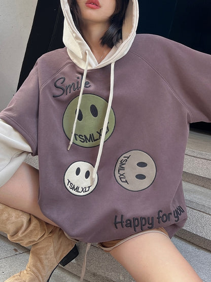 Smiling Print Splice Drawstring Oversized Hoodie