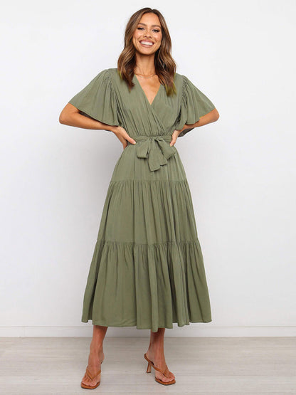 Boho Ruffle Tiered Midi Dress for Women - Lilac V Neck Flutter Sleeve A-Line Flowy Wrap Sun Dress - Summer Wedding Guest 2026