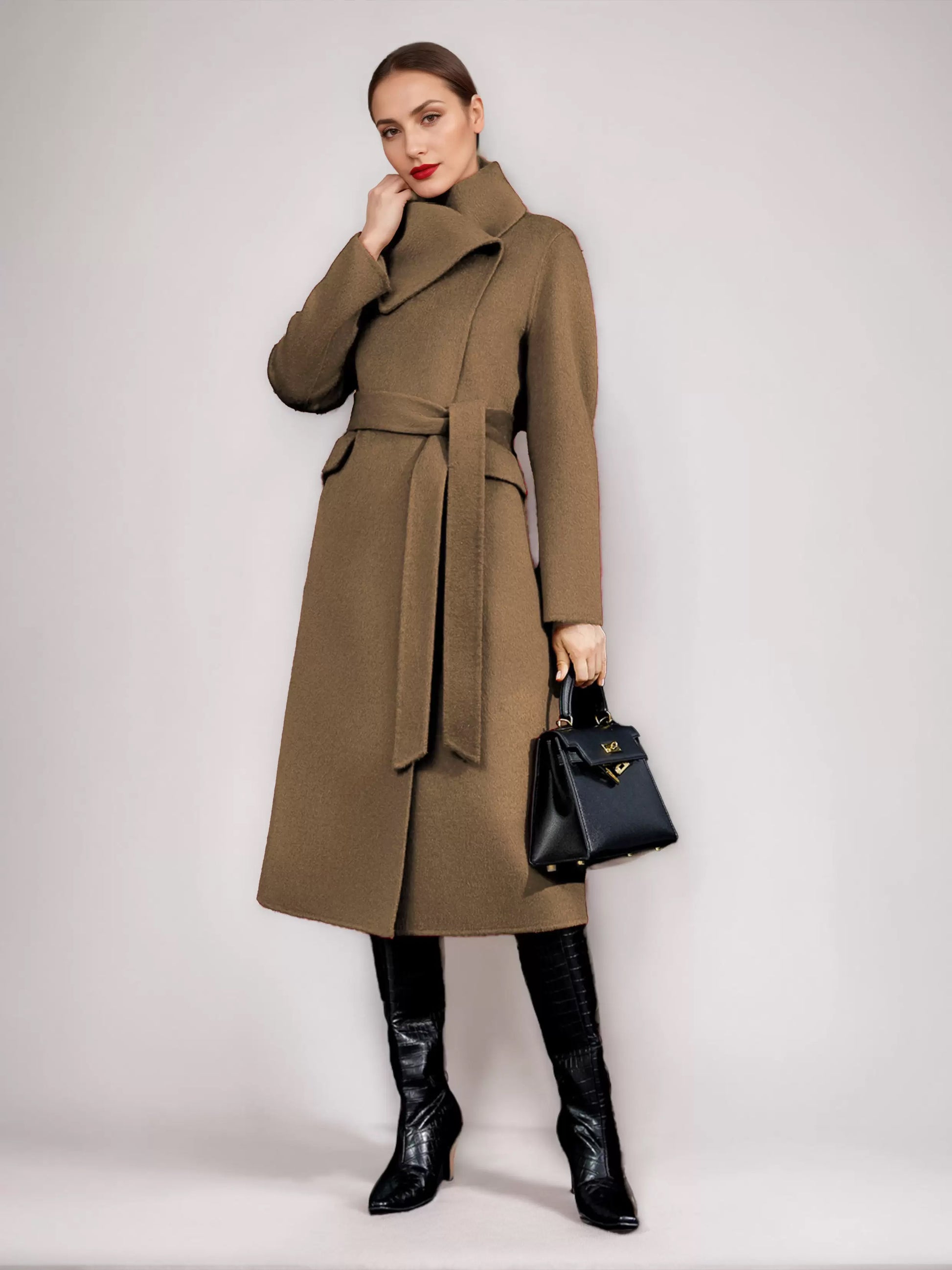 Wool Cashmere Blend Coat For Woman Winter Red Belted Double-Faced Wrap Outerwear 2026