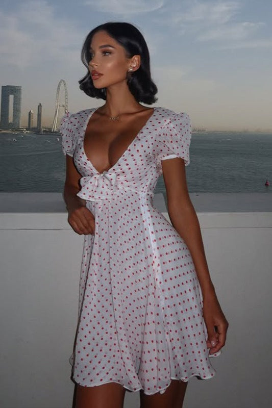 Polka Dot Deep V-Neck Puff Sleeve Tie-Front A-Line Mini Dress