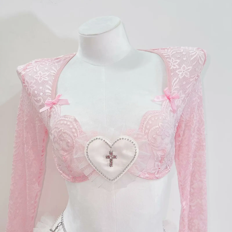 Long sleeve sweetheart pattern lace bowknot short pant set