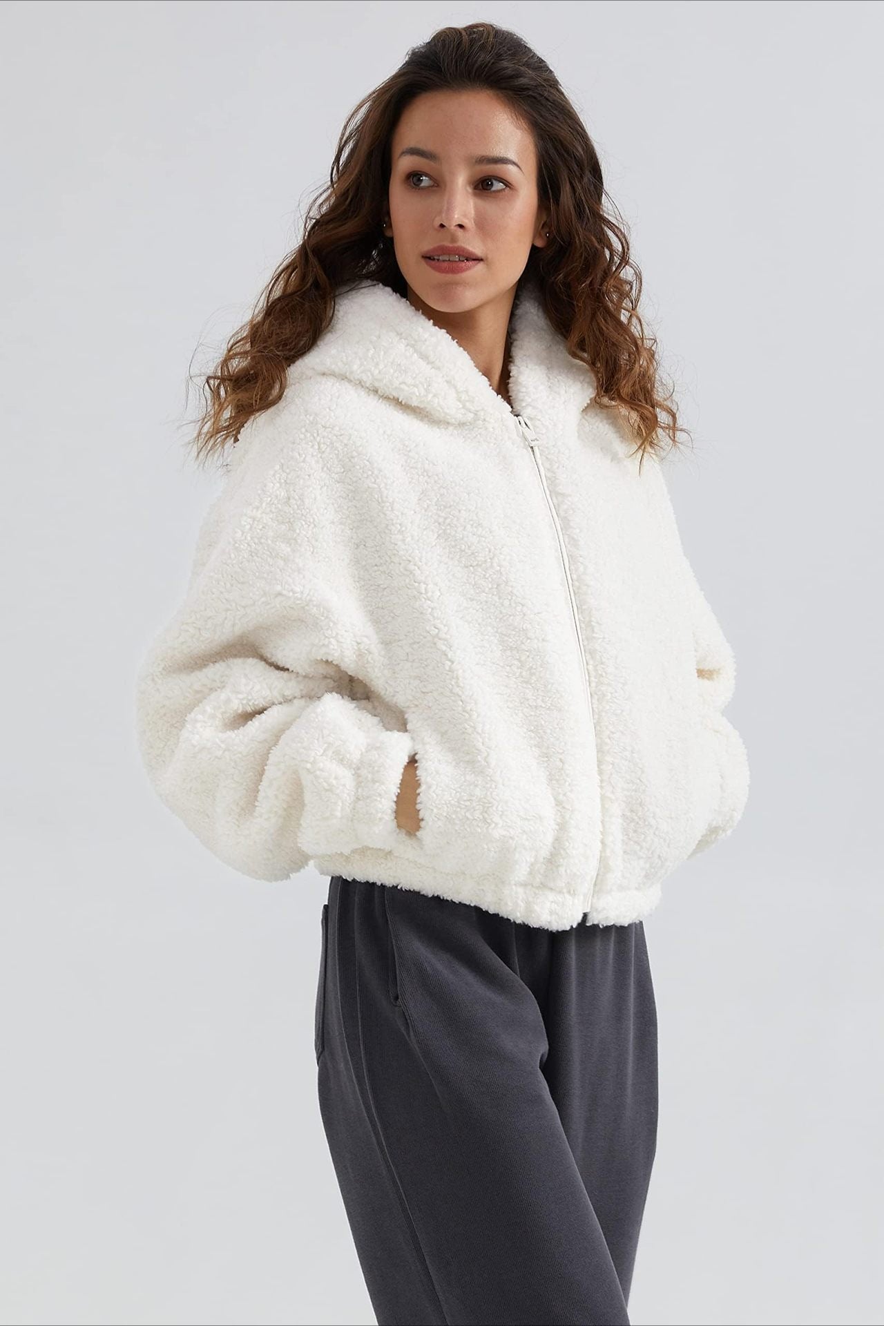 Fuzzy Hooded Zip Short Jacket