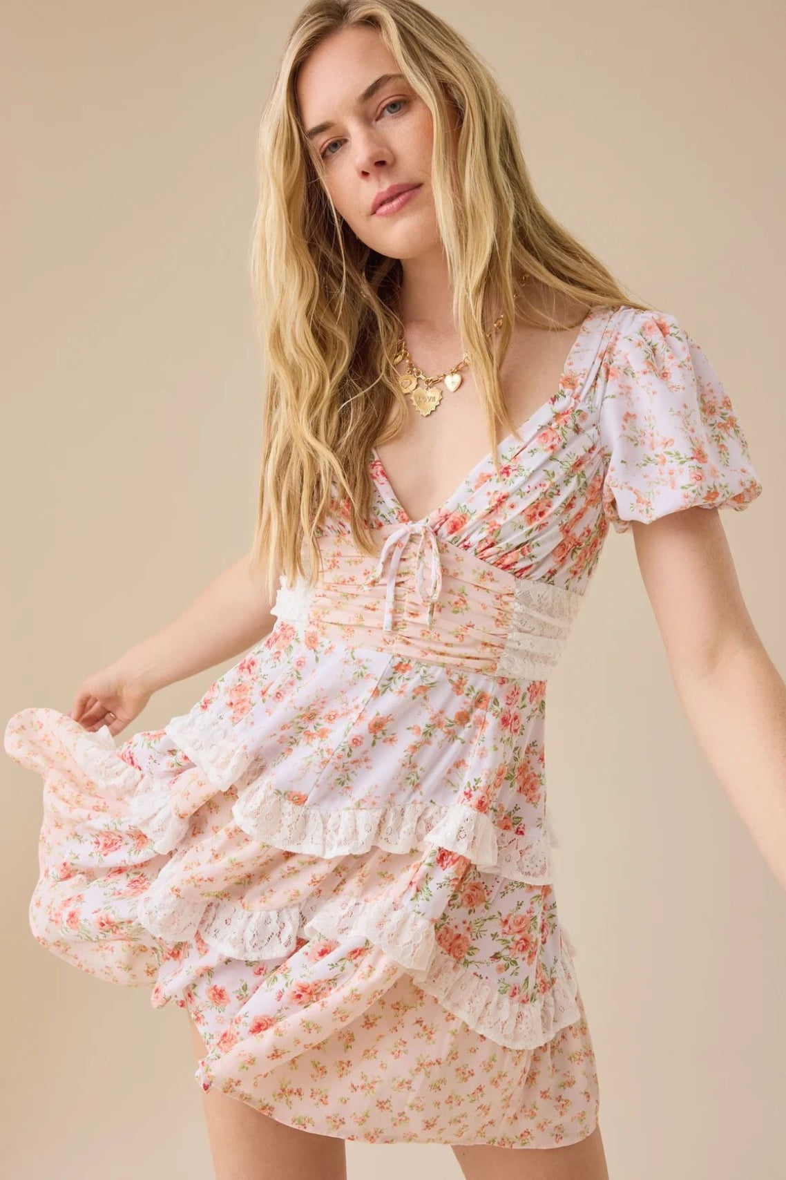 Floral Print Puff Sleeve Lace Smocked Waist Tiered Ruffle Mini Dress