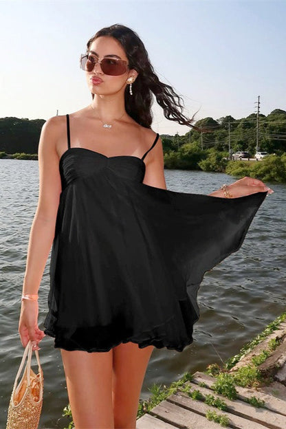 Chiffon Gathered Sweetheart Spaghetti Strap Lettuce Hem Babydoll Mini Dress