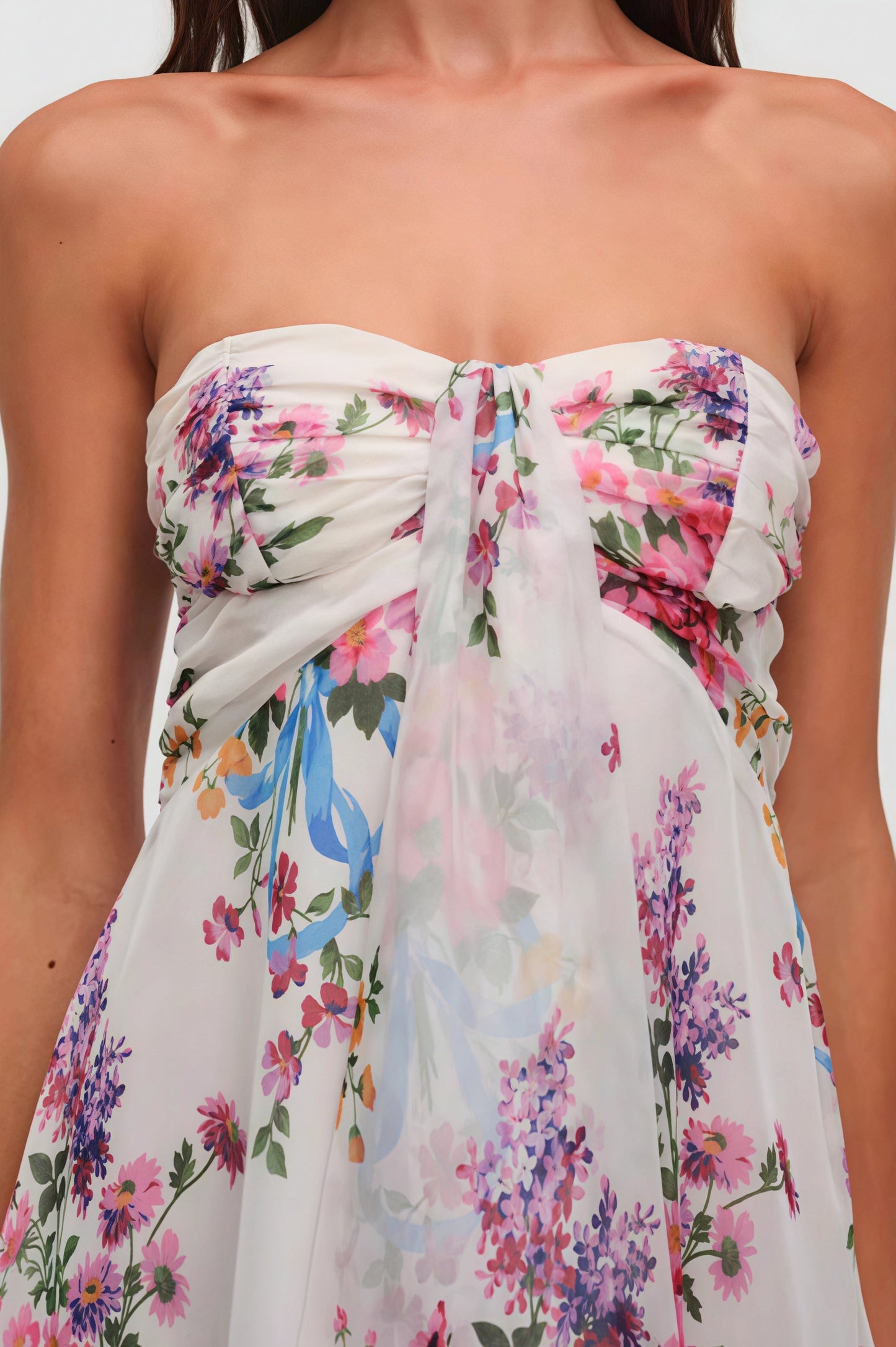 Floral Print Strapless Front Bow Ruffle Hem Chiffon Babydoll Mini Dress