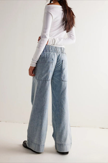 Ruched Elastic Waist Wide Leg Jean