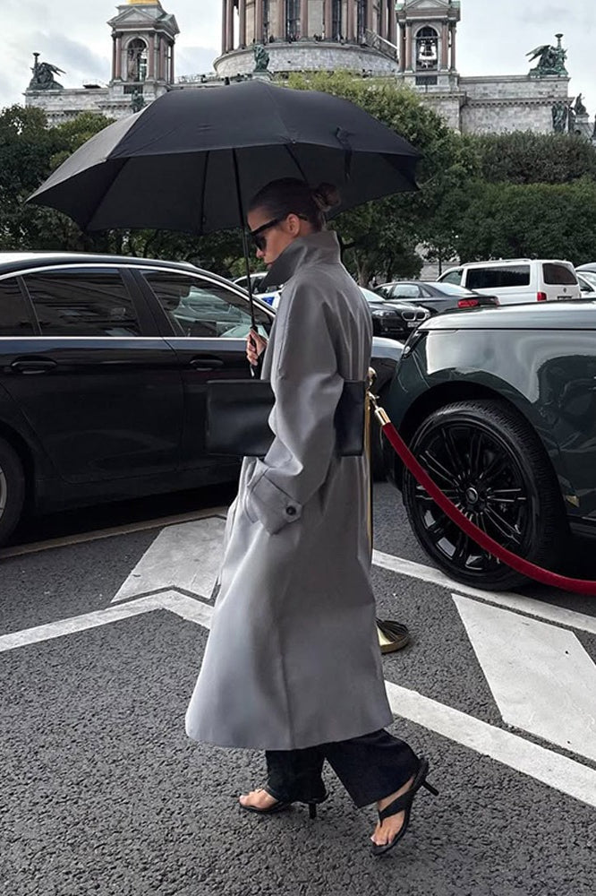 Lazy-Chic European Solid Color Stand Collar Belted Long Overcoat