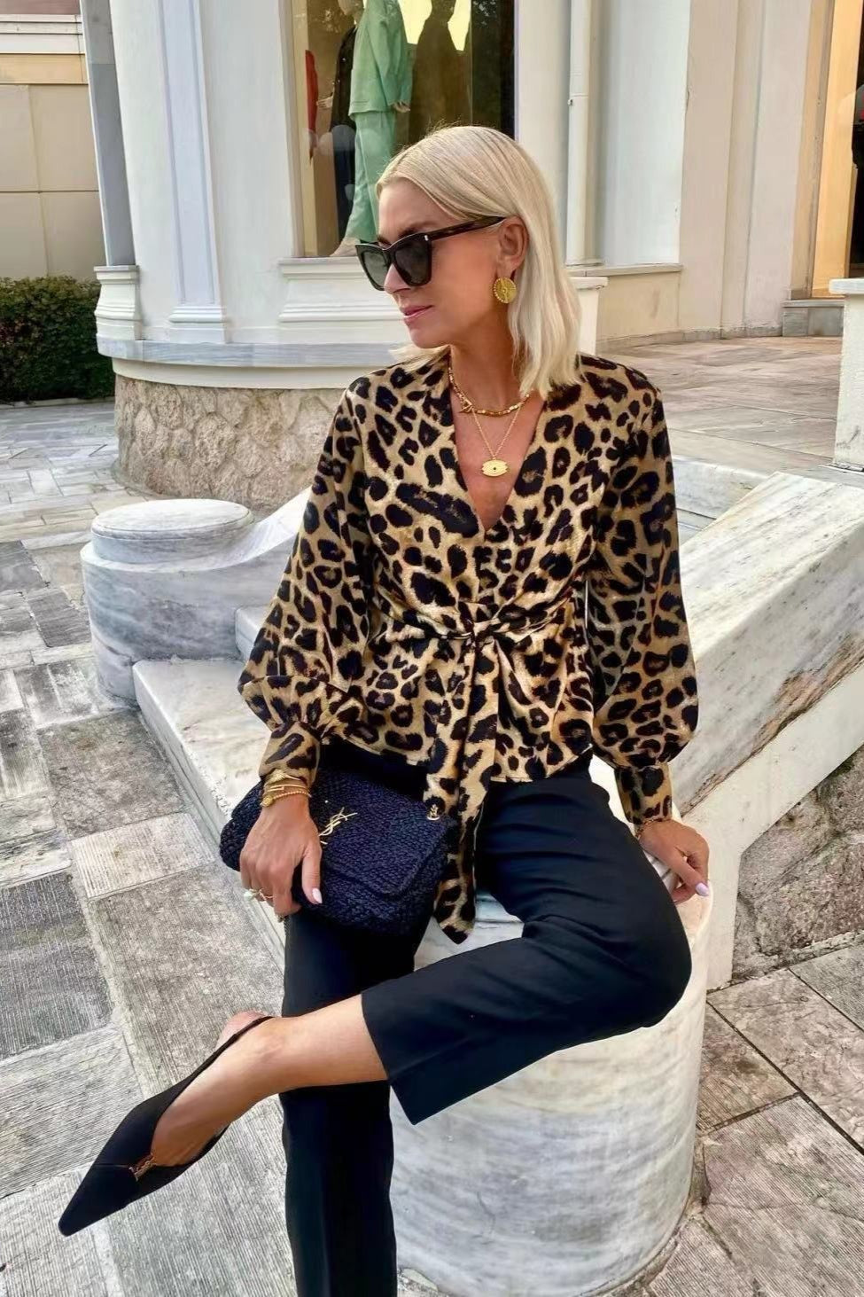 Leopard Print Tie Front V Neck Elegant Long Sleeve Blouse