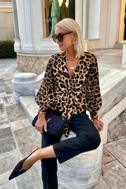 Leopard Print Tie Front V Neck Elegant Long Sleeve Blouse