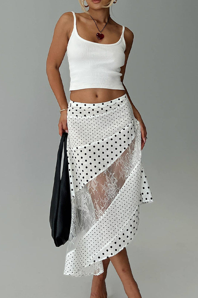 Polka Dot Lace Asymmetrical Midi Skirt