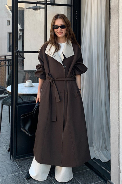THE MIND British Style Contrast-Collar Long Overcoat