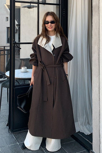 THE MIND British Style Contrast-Collar Long Overcoat