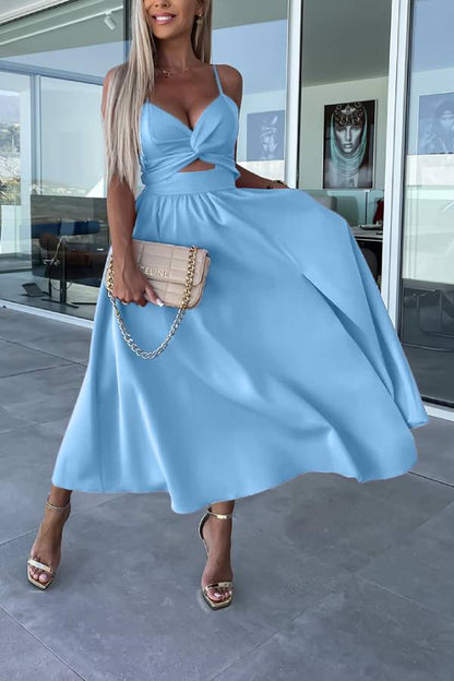 Deep V hollow large skirt slit suspender dress