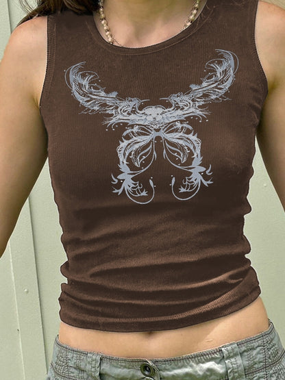 Vintage Butterfly Print Ribbed Tank Top