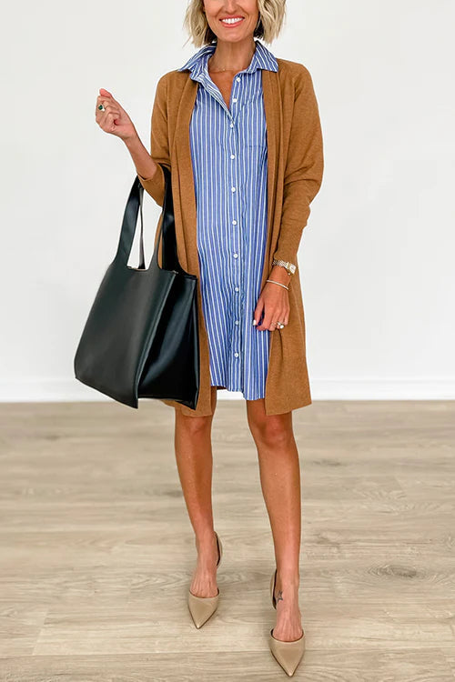 Down Short Sleeves Striped Shirt Dress