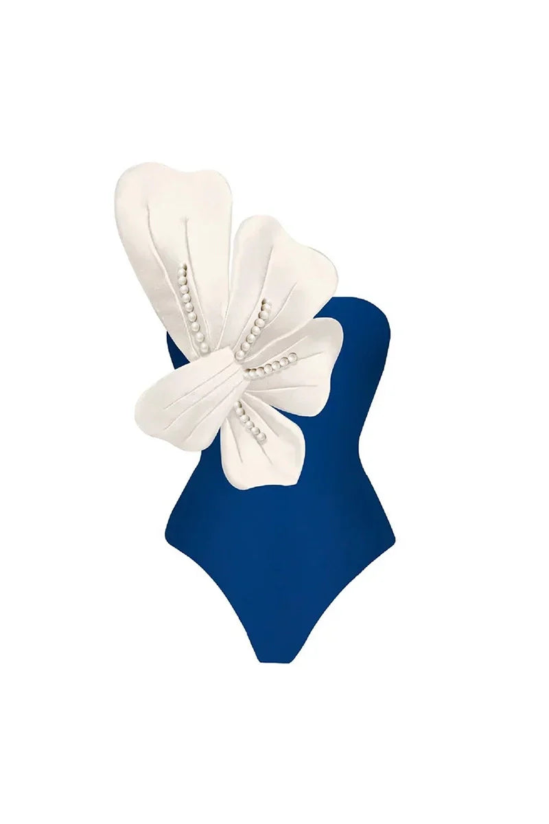 Blue Swimsuit Set Pearl Floral Accents