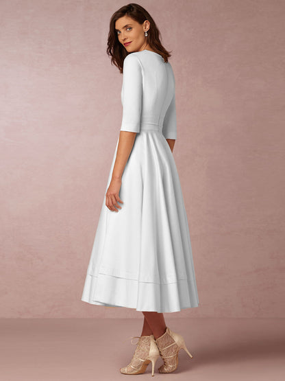 Plunge Midi Dress Half Sleeves Pockets A-Line Prom Dresses In Burgundy