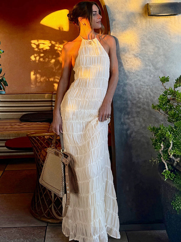 Halter Neck Pleated Maxi Dress for Women - Boho Ruched Backless Sleeveless Tiered Long Sundress - Summer Beach Event 2026