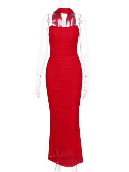 Strapless Corset And Mesh Maxi Skirt And Neck Scarf Party 3 Piece Co-ord Set For Women 2026