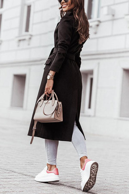 Simple Long-sleeved V-neck Tie Woolen Coat