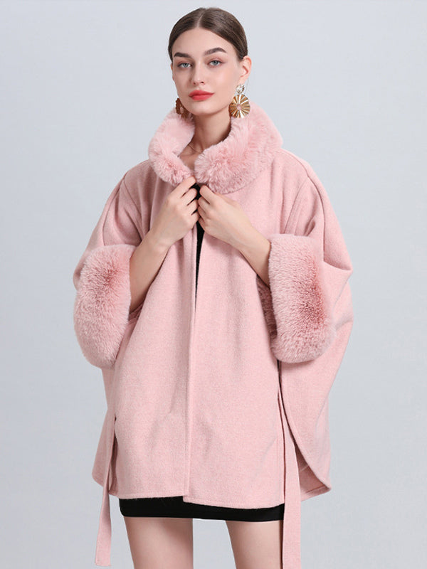 Women Poncho High Collar Light Gray Oversized Faux Fur Cape