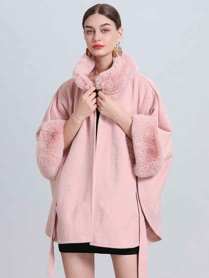 Women Poncho High Collar Light Gray Oversized Faux Fur Cape