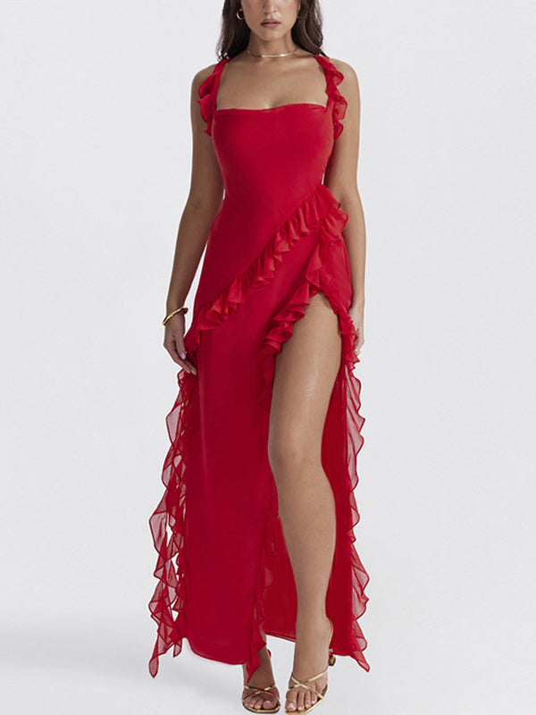 Solid Ruffled Trim High Split Maxi Dress