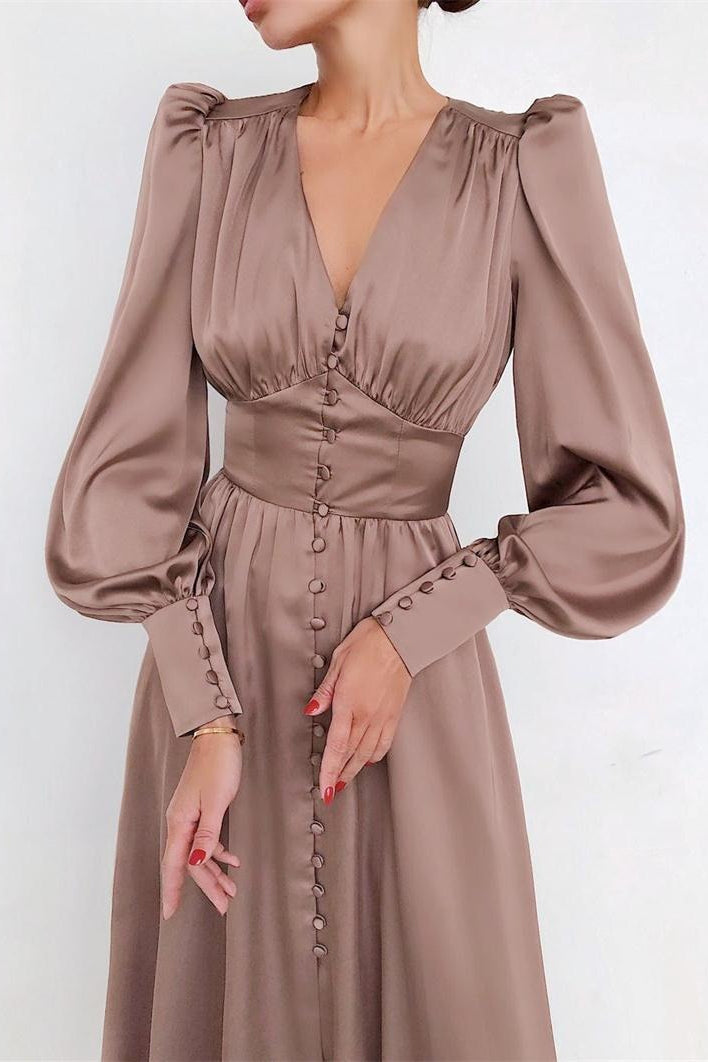 Deep V-Neck Lantern Sleeve Button Front Cinched Waist Satin Midi Dress
