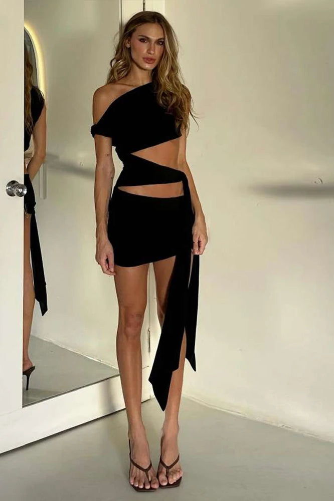 One Shoulder Cut Out Waist Sash Detail Asymmetric Mini Dress