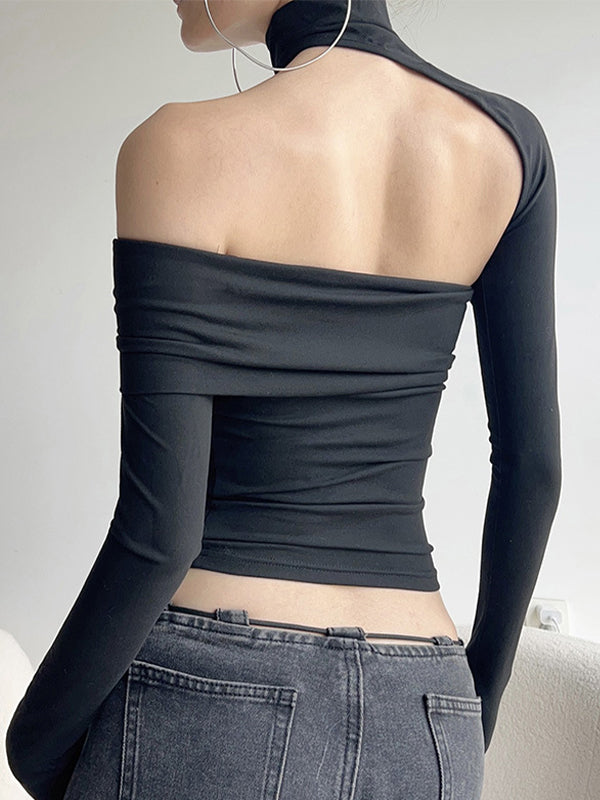 Black Y2k One Shoulder Hollow Long Sleeve Tee