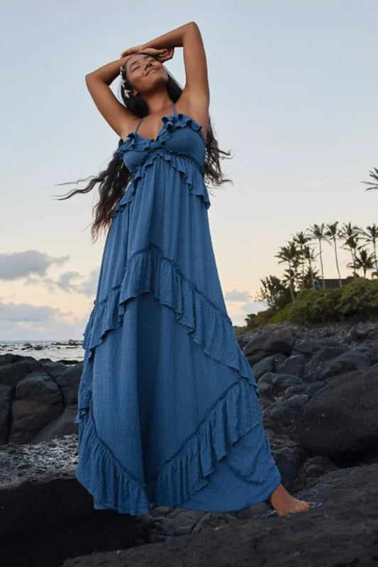 Solid Color V Neck Backless Strappy Sexy Boho Dress