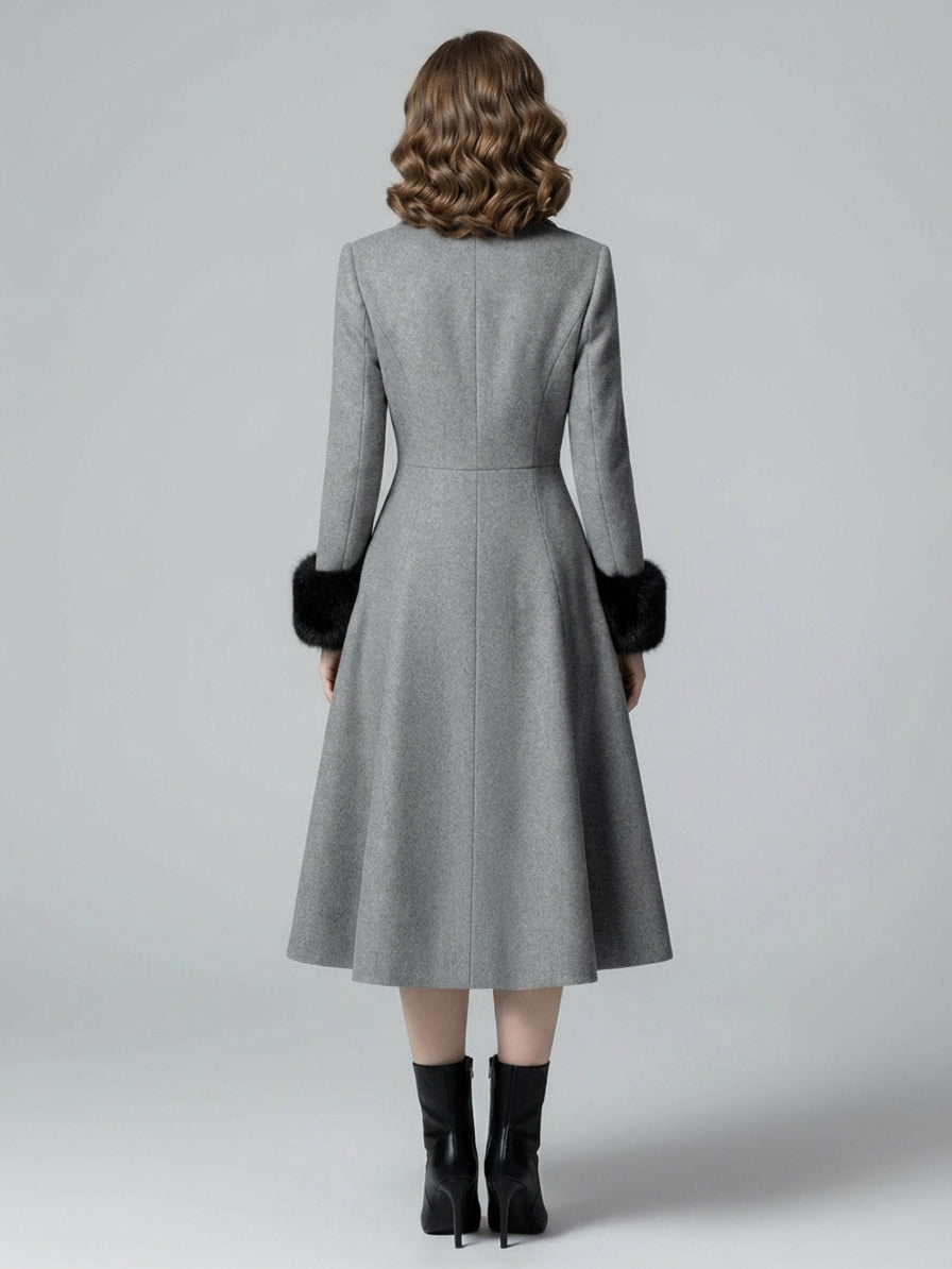 Wool Blend Double-breasted Midi Flared Coat with black Faux Fur Cuffs For Women 2026