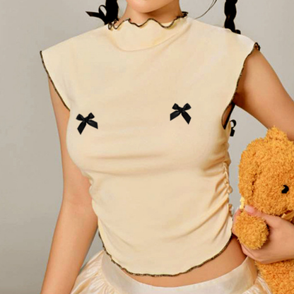 Ruffle bowknot crewneck ruched crop top