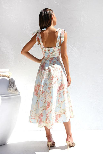 Floral Print Sweetheart Tie Shoulder Bow Strap Midi Dress