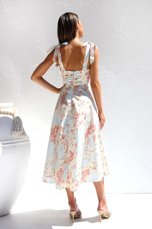 Floral Print Sweetheart Ruched Bust Bow Tie Strap Midi Dress